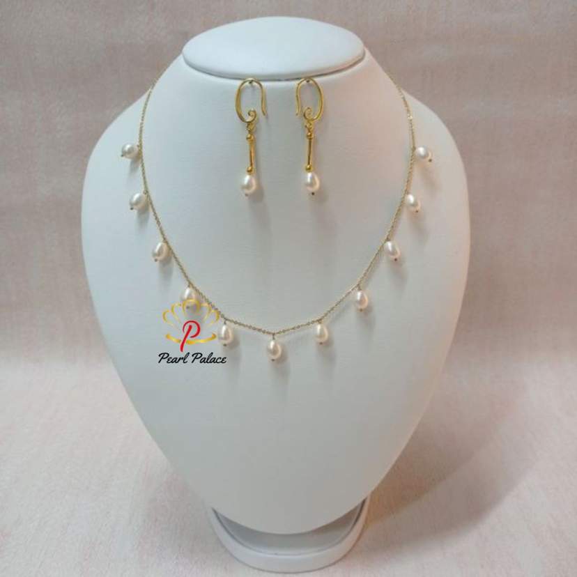 18K Gold Plated Handmade White Pearl Chain Link Necklace with Earrings — 2
