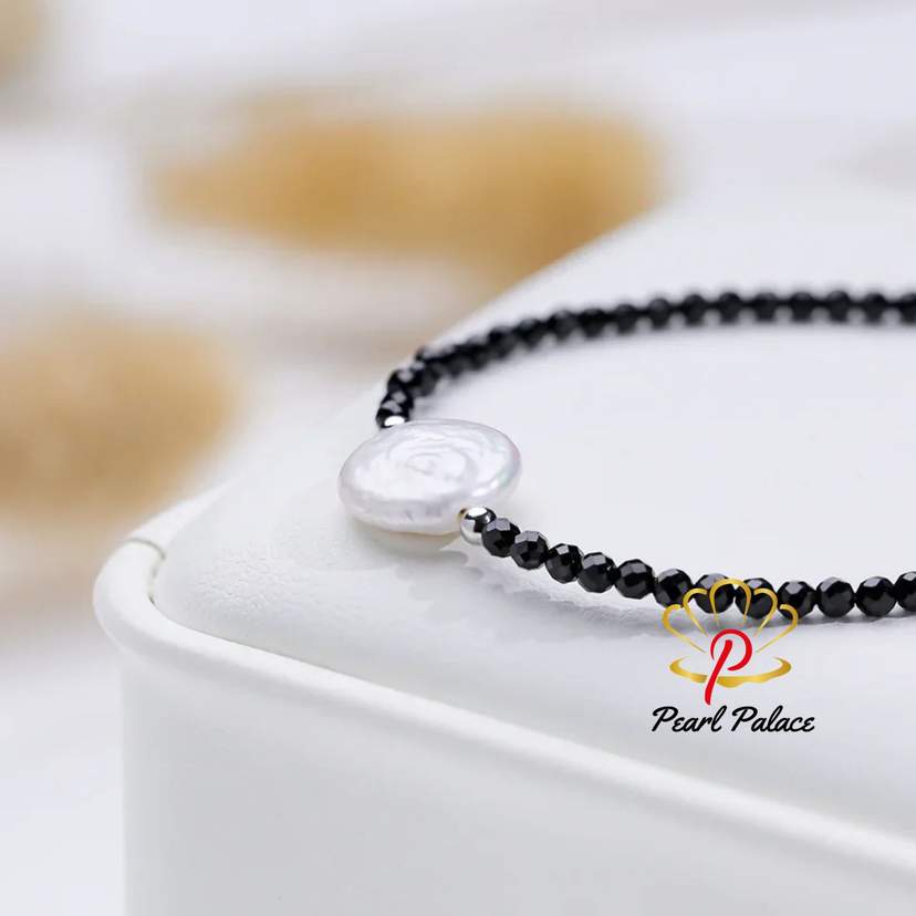 Big Baroque Freshwater Pearl Bracelet for Women Black Crystal Stone 16cm 925 Sterling Silver Bracelet — 2