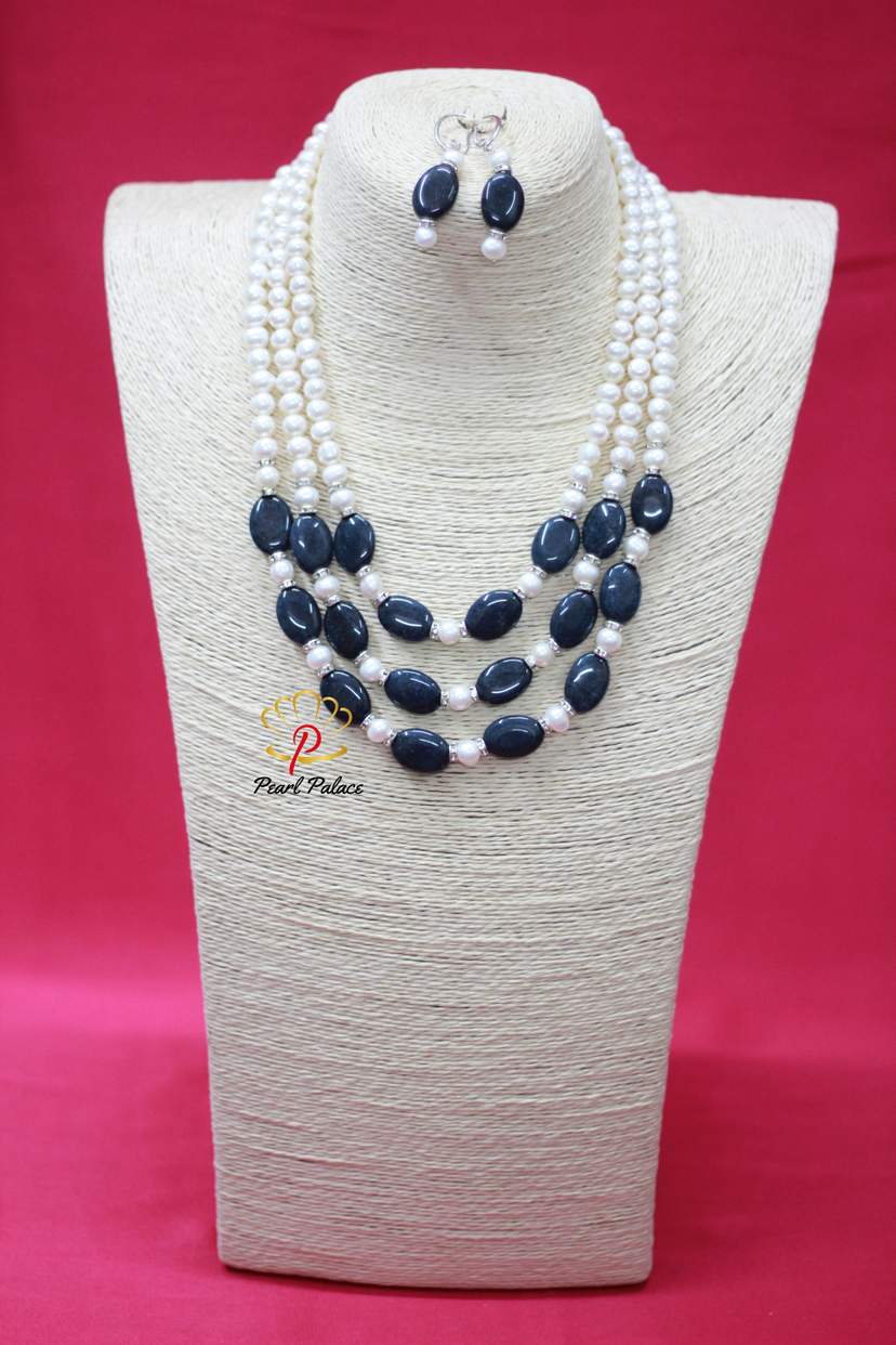 Elegant Freshwater Pearl & Sapphire Stone 3Layer Necklace with Earrings — 2