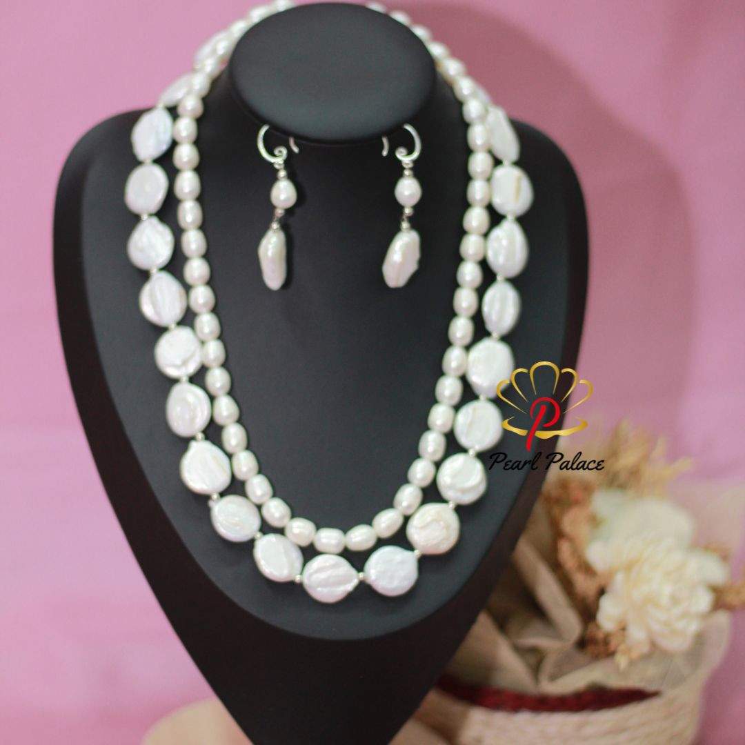 Elegant White Rice & Coin Pearl Necklace Set