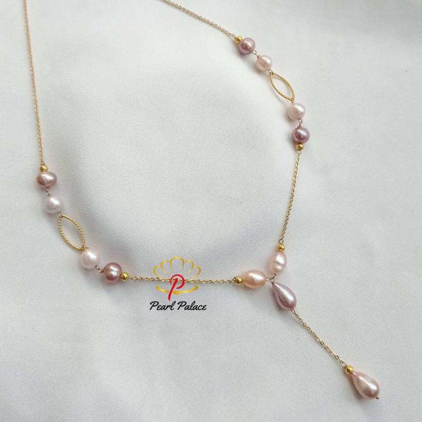 Gold Plated Chain Necklace with Light Pink and White Freshwater Pearls and Gold Accents — 2