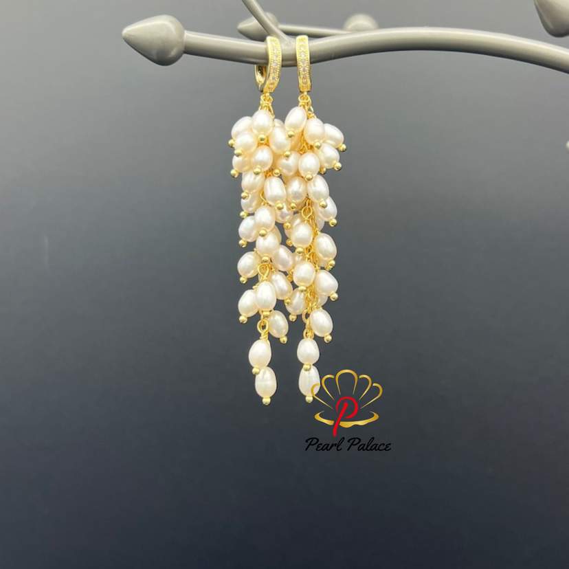 Gold-Plated Cluster Earrings with Natural White Freshwater Pearls — 2