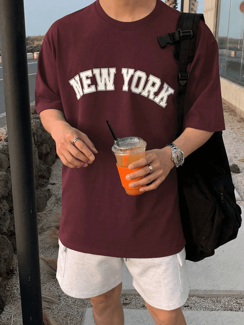 Drop Shoulder Print T-Shirt - New York - Maroon — 2